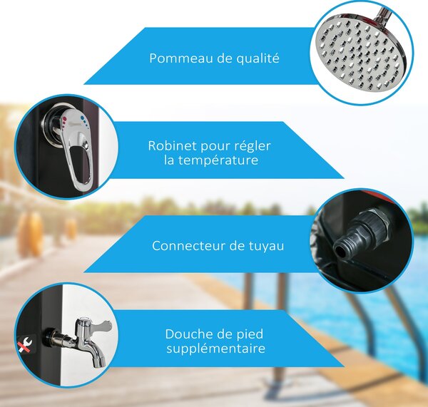 Outsunny 35L Solární Sprcha do Zahrady, na Pláž a K Bazénu s Integrovanou Sprchovou Hlavicí a Teploměrem, Studená a Teplá Voda až do 55°C, PVC, ABS, r