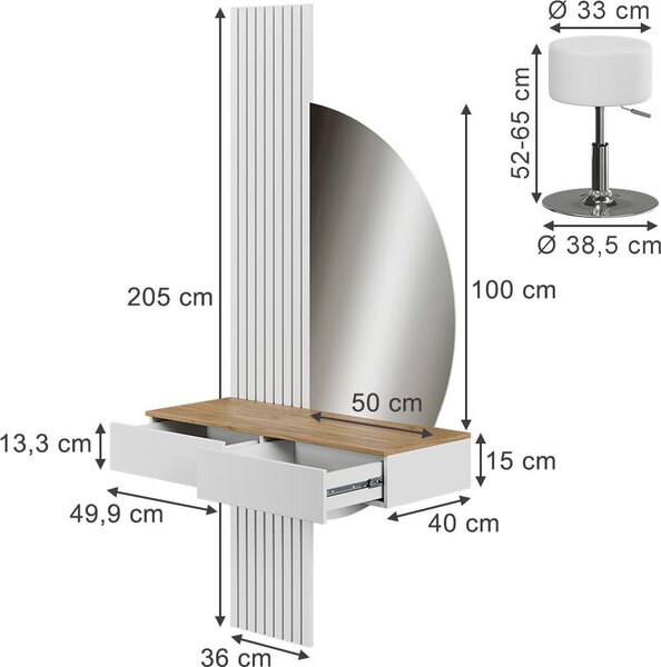 Toaletní stolek Vicco Melina Bílá/dub 100 cm se zrcadlem LED a stoličkou, Model 58448