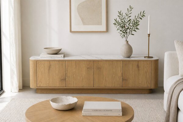 White Label Dubová komoda ALMIRA 180 x 40 cm s mramorovým dekorem