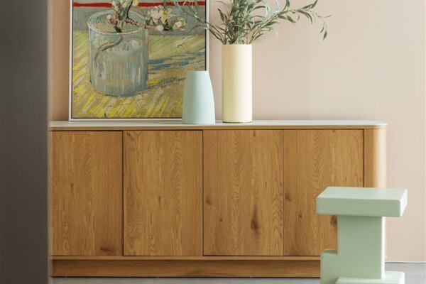 White Label Dubová komoda ALMIRA HIGH 180 x 40 cm s mramorovým dekorem