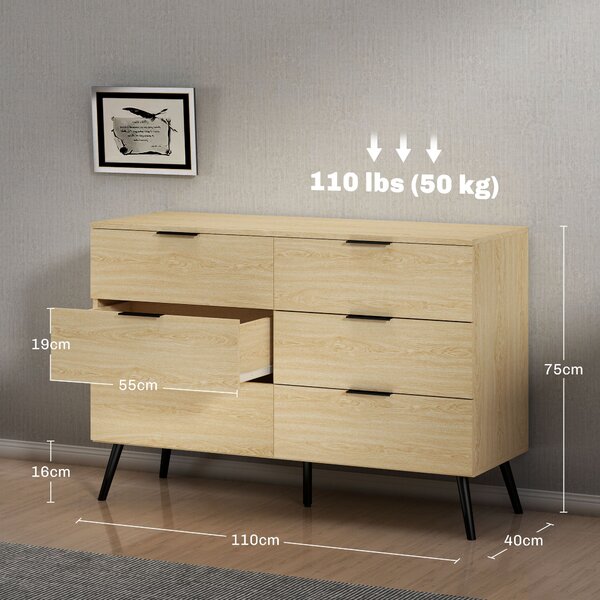 HOMCOM Komoda se 6 zásuvkami Moderní design s protišmykovým zajištěním 110Š x 40H x 75V cm Dřevěný vzhled | Aosom