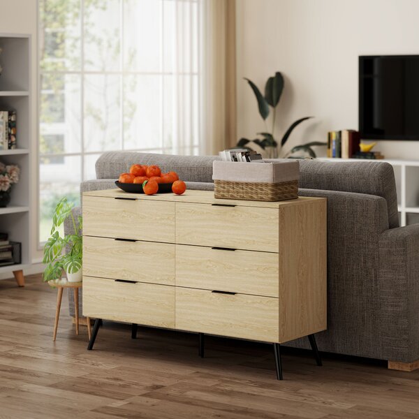 HOMCOM Komoda se 6 zásuvkami Moderní design s protišmykovým zajištěním 110Š x 40H x 75V cm Dřevěný vzhled | Aosom