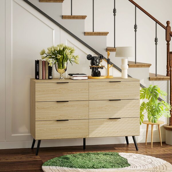 HOMCOM Komoda se 6 zásuvkami Moderní design s protišmykovým zajištěním 110Š x 40H x 75V cm Dřevěný vzhled | Aosom