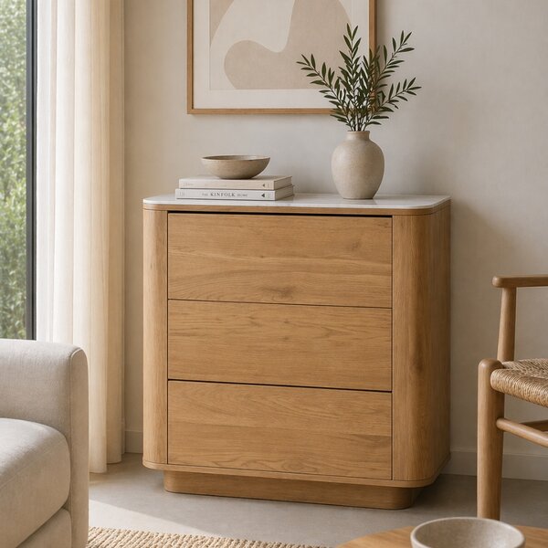 White Label Dubová komoda ALMIRA 90 x 40 cm s mramorovým dekorem