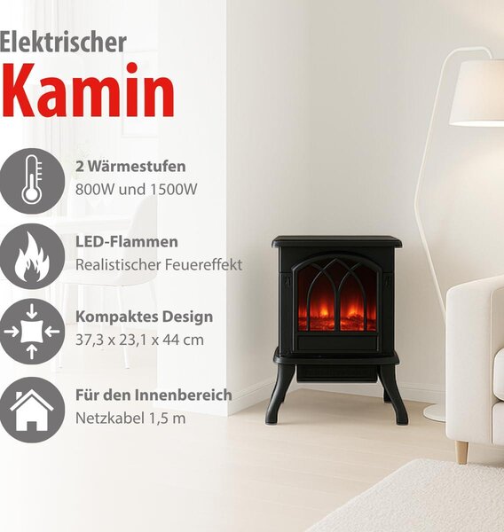 Alpina kamna - Elektrický krb s ohřevem - Volně stojící krb s efektem plamene - Ochrana proti přehřátí - 800W/1500W - Černá - Rozměry 39x25x54cm