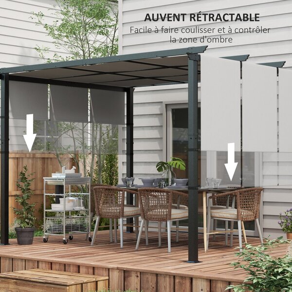 Outsunny Pergola s 3 Posuvnými Markýzami 3,5 x 3 x 2,35 m Černý Ocelový Rám Světle Šedá Markýza z Vysoce Hustého Polyesteru | Aosom