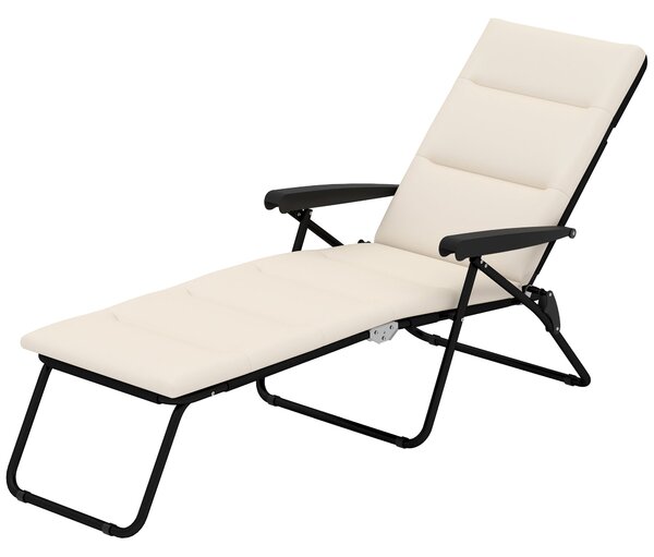 Outsunny Skládací Slunečný Lehátko s 6 Polohami Vysoké Pohodlí s Matrací + Područky Ocel Polyester Krémová | Aosom