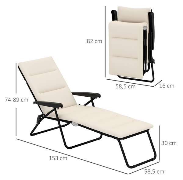 Outsunny Skládací Slunečný Lehátko s 6 Polohami Vysoké Pohodlí s Matrací + Područky Ocel Polyester Krémová | Aosom