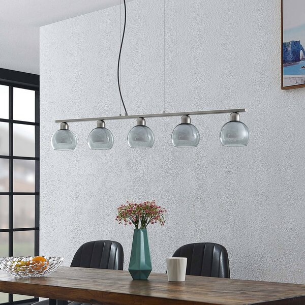 Lucande Závěsné svítidlo Kaiya, sklo, pět žárovek, stmívatelný, Hliník / šedá / zinek, Obývací pokoj / jídelna, kov, Moderní