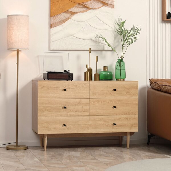 HOMCOM Komoda se 6 Zásuvkami a Masivními Dřevěnými Nohy 120 x 40 x 80 cm Dřevěná Barva | Aosom