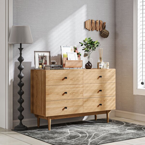 HOMCOM Komoda se 6 Zásuvkami a Masivními Dřevěnými Nohy 120 x 40 x 80 cm Dřevěná Barva | Aosom
