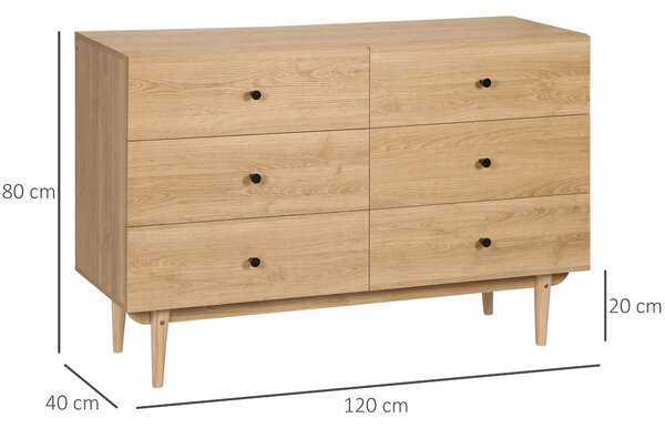 HOMCOM Komoda se 6 Zásuvkami a Masivními Dřevěnými Nohy 120 x 40 x 80 cm Dřevěná Barva | Aosom