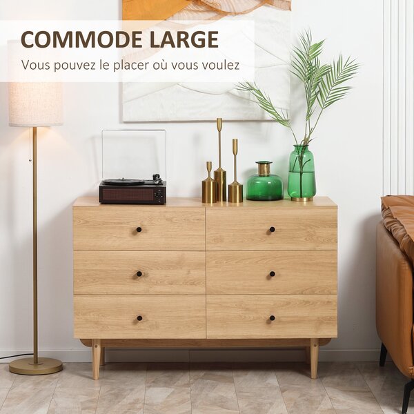 HOMCOM Komoda se 6 Zásuvkami a Masivními Dřevěnými Nohy 120 x 40 x 80 cm Dřevěná Barva | Aosom
