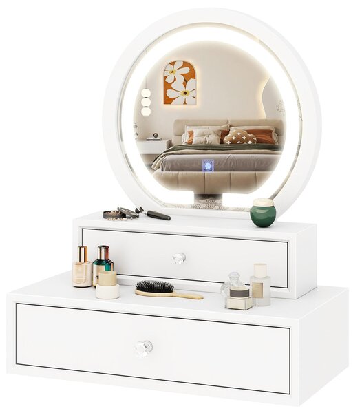 COSTWAY Zrcadlo se 2 zásuvkami Toaletní stolek Kulatý make-up Zrcadlová skříňka Toaletní stolek Kosmetický stolek