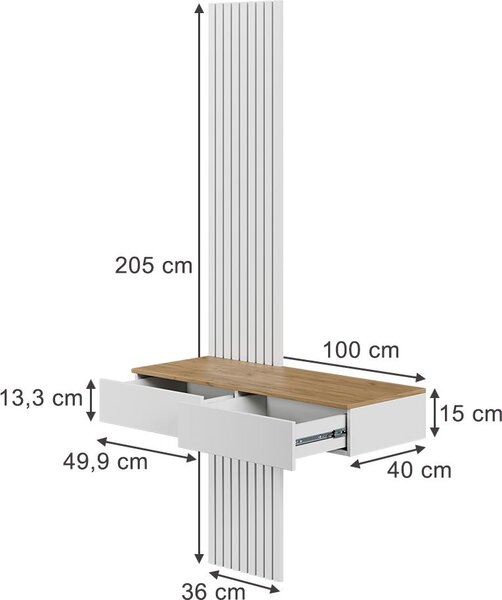 Toaletní stolek Vicco Melina Bílá/dub 100 cm se 2 zásuvkami, Model 57979