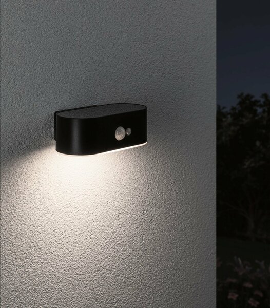 PAULMANN Solární LED venkovní nástěnné svítidlo Adya pohybové čidlo IP44 3000K černá
