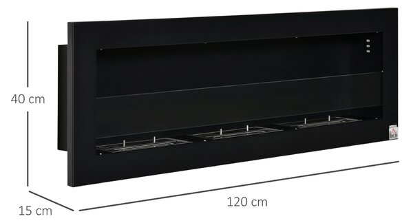 HOMCOM Nástěnný bioetanolový krb s 3 hořáky, celkem 3 L, přibližně 3 hodiny doby hoření, rozměry 120L x 15W x 40H cm, černá nerezová ocel | Aosom