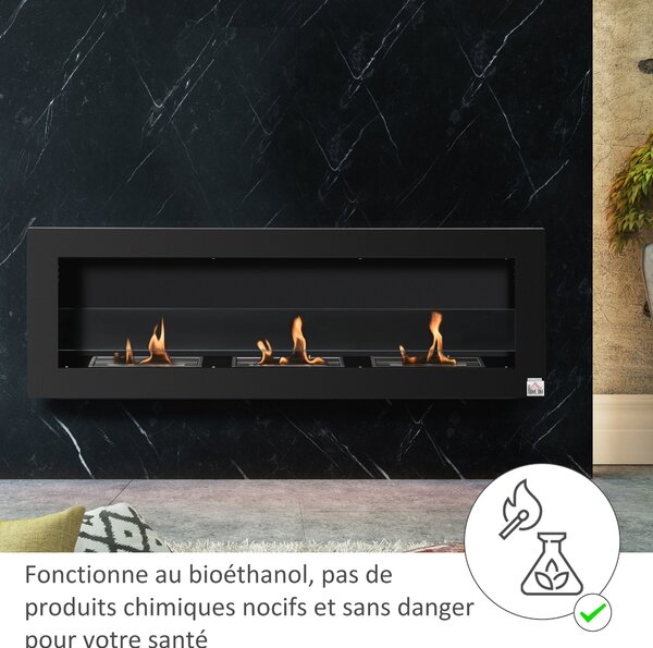 HOMCOM Nástěnný bioetanolový krb s 3 hořáky, celkem 3 L, přibližně 3 hodiny doby hoření, rozměry 120L x 15W x 40H cm, černá nerezová ocel | Aosom