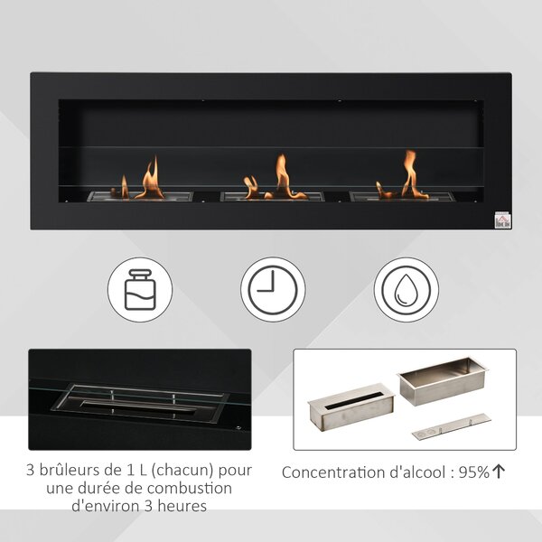 HOMCOM Nástěnný bioetanolový krb s 3 hořáky, celkem 3 L, přibližně 3 hodiny doby hoření, rozměry 120L x 15W x 40H cm, černá nerezová ocel | Aosom