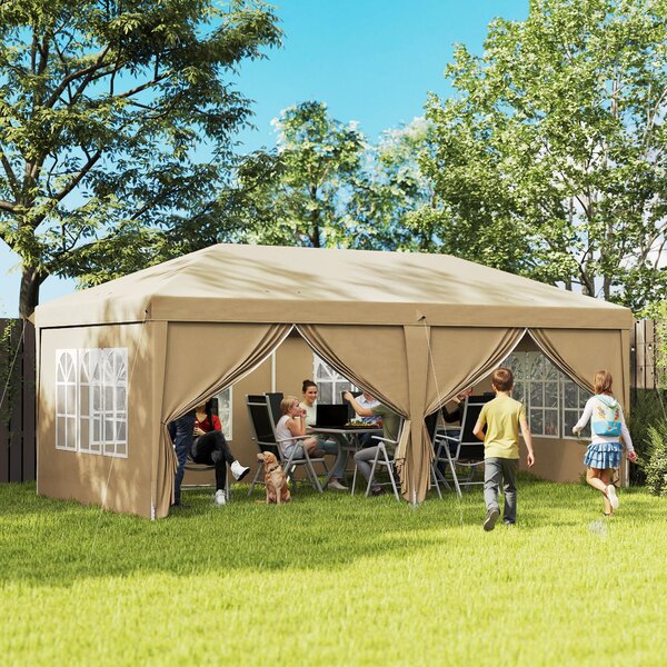 Skládací zahradní altán Outsunny 6 x 3 m, voděodolný, rychlo-rozkládací s 4 odnímatelnými bočními stěnami a 4 okny + khaki nosná taška | Aosom