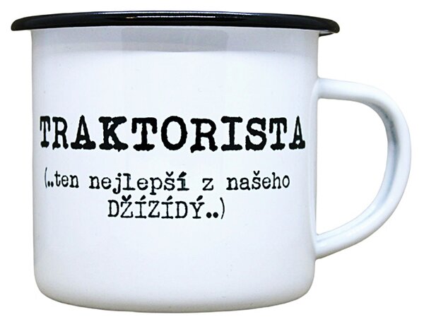 Smaltovaný hrnek plecháček s potiskem traktorista, 330 ml