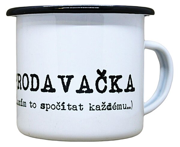 Smaltovaný hrnek plecháček s potiskem prodavačka, 330 ml