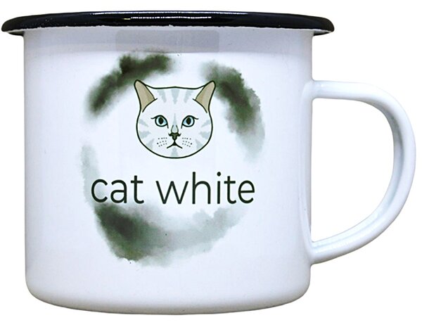 Smaltovaný hrnek plecháček s potiskem cat white, 330 ml