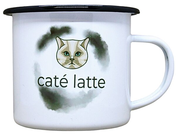 Smaltovaný hrnek plecháček s potiskem caté latte, 330 ml