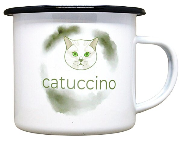 Smaltovaný hrnek plecháček s potiskem catuccino, 330 ml