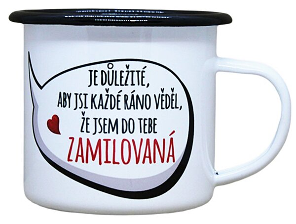 Smaltovaný hrnek plecháček s potiskem zamilovaná, 330 ml