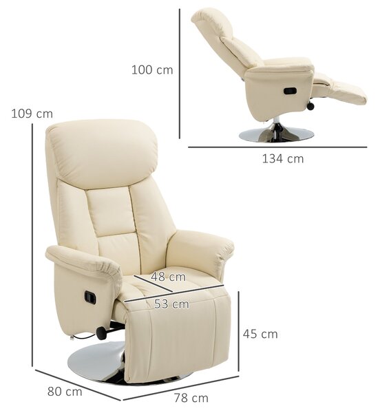 HOMCOM Relaxační křeslo s nastavitelnou opěrkou a 360° otočením, umělá kůže, do 150 kg, pro obývací pokoj, ložnici, domácí kino, krémové | Aosom