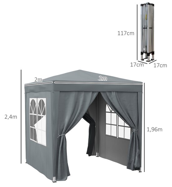 Outsunny Zahradní Altán 2 x 2 m, skládací pop-up altán, výškově nastavitelný, UV ochrana, ocelová konstrukce, 4 odnímatelné strany, na kempování, fest
