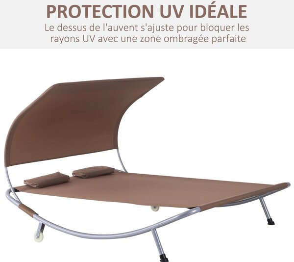 Outsunny Dvousedací Zahradní Lehátko Moderní Design S Nastavitelnou Stříškou 2 Kola 2 Polštáře Epoxidová Ocel Polyester Tmavě Hnědá | Aosom