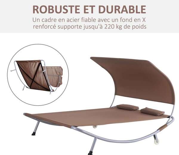 Outsunny Dvousedací Zahradní Lehátko Moderní Design S Nastavitelnou Stříškou 2 Kola 2 Polštáře Epoxidová Ocel Polyester Tmavě Hnědá | Aosom