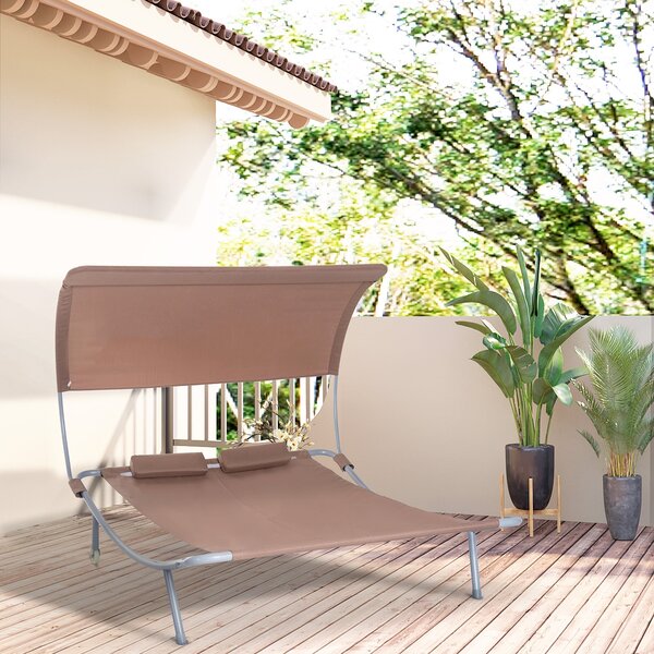 Outsunny Dvousedací Zahradní Lehátko Moderní Design S Nastavitelnou Stříškou 2 Kola 2 Polštáře Epoxidová Ocel Polyester Tmavě Hnědá | Aosom