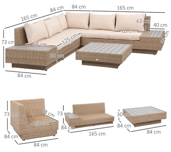 Outsunny 5-místná rohová zahradní lounge sada moderní design silné polštáře odkládací stolek tkaný pryskyřice kov, béžová | Aosom