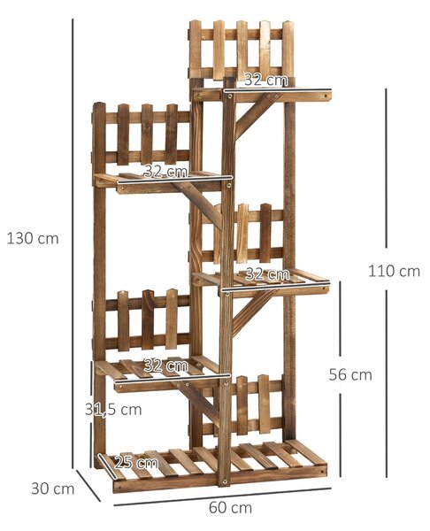 Dřevěný květinový regál Outsunny s 5 policemi - stojan na květináče, ornament s malými zábranami 60 x 30 x 130 cm z karbonizovaného borového dřeva pro