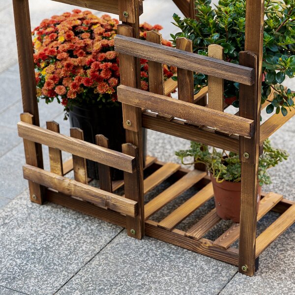 Dřevěný květinový regál Outsunny s 5 policemi - stojan na květináče, ornament s malými zábranami 60 x 30 x 130 cm z karbonizovaného borového dřeva pro