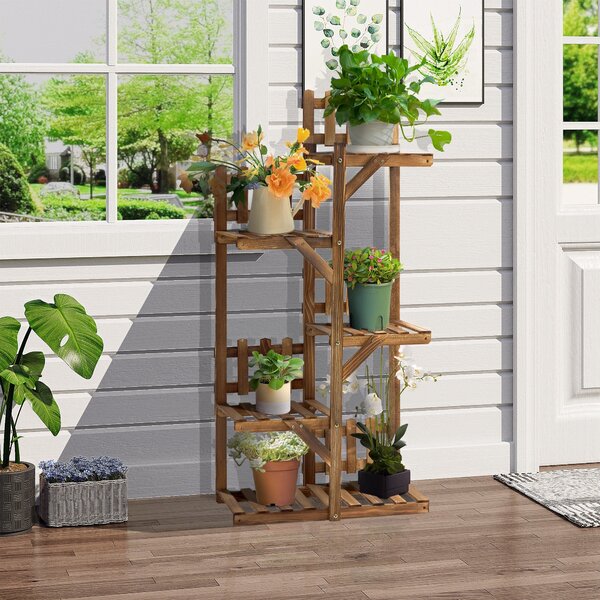 Dřevěný květinový regál Outsunny s 5 policemi - stojan na květináče, ornament s malými zábranami 60 x 30 x 130 cm z karbonizovaného borového dřeva pro