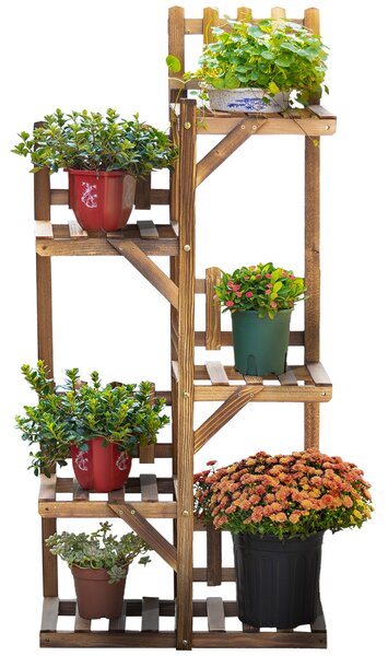 Dřevěný květinový regál Outsunny s 5 policemi - stojan na květináče, ornament s malými zábranami 60 x 30 x 130 cm z karbonizovaného borového dřeva pro