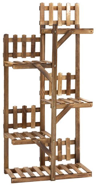 Dřevěný květinový regál Outsunny s 5 policemi - stojan na květináče, ornament s malými zábranami 60 x 30 x 130 cm z karbonizovaného borového dřeva pro