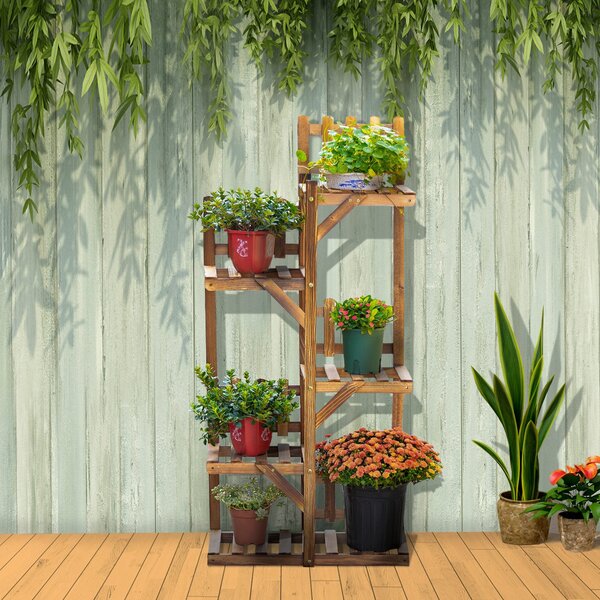 Dřevěný květinový regál Outsunny s 5 policemi - stojan na květináče, ornament s malými zábranami 60 x 30 x 130 cm z karbonizovaného borového dřeva pro