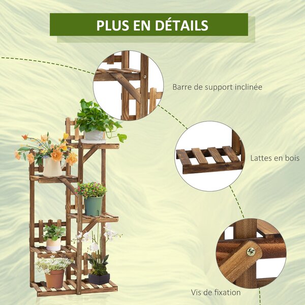 Dřevěný květinový regál Outsunny s 5 policemi - stojan na květináče, ornament s malými zábranami 60 x 30 x 130 cm z karbonizovaného borového dřeva pro