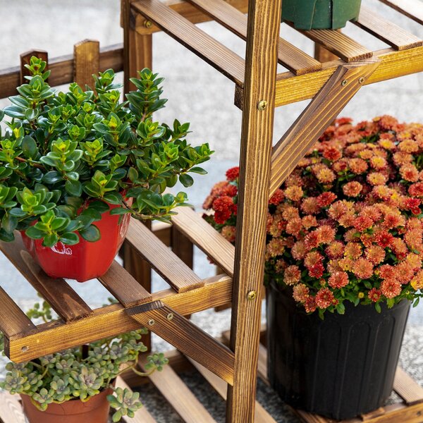 Dřevěný květinový regál Outsunny s 5 policemi - stojan na květináče, ornament s malými zábranami 60 x 30 x 130 cm z karbonizovaného borového dřeva pro