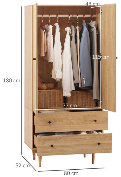 HOMCOM Dospělá Skříň do Ložnice se 2 Dveřmi a 2 Zásuvkami - 80 x 52 x 180 cm - Dřevěný Dekor | Aosom