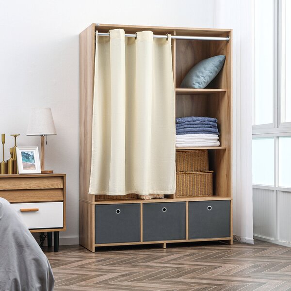 HOMCOM Skříň, šatna s závěsem, oblečení skříň, skříň s ramínkem, 3 oddíly a 3 vyjímatelné textilní zásuvky - 105 x 48 x 160 cm, přírodní dřevo | Aosom