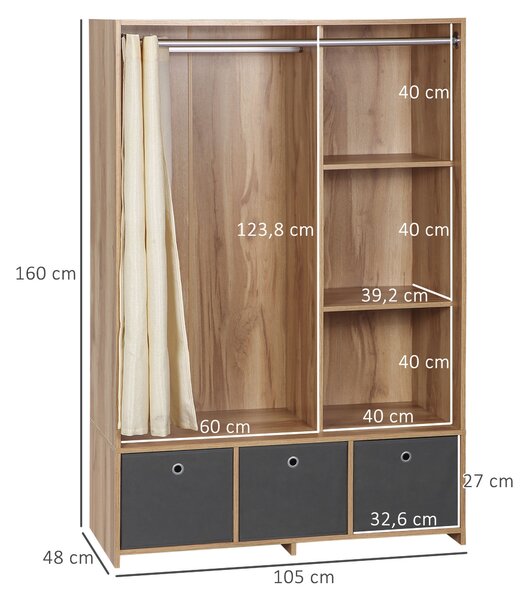 HOMCOM Skříň, šatna s závěsem, oblečení skříň, skříň s ramínkem, 3 oddíly a 3 vyjímatelné textilní zásuvky - 105 x 48 x 160 cm, přírodní dřevo | Aosom