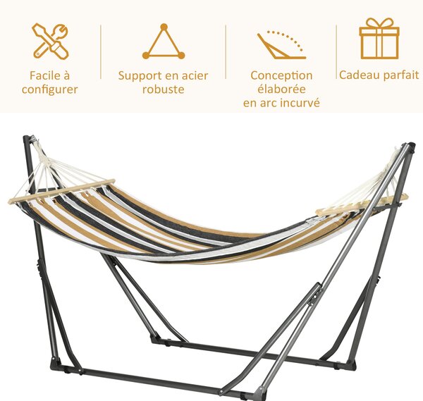Skládací zahradní houpací síť s kovovým stojanem Outsunny, 1 místo, maximální nosnost 120 kg, rozměry 270L x 100W x 94H cm | Aosom