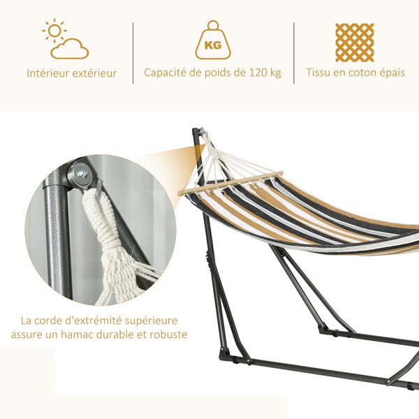 Skládací zahradní houpací síť s kovovým stojanem Outsunny, 1 místo, maximální nosnost 120 kg, rozměry 270L x 100W x 94H cm | Aosom