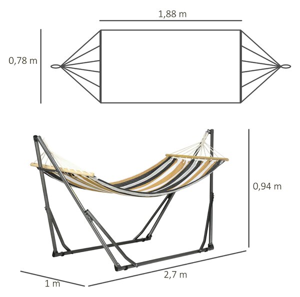 Skládací zahradní houpací síť s kovovým stojanem Outsunny, 1 místo, maximální nosnost 120 kg, rozměry 270L x 100W x 94H cm | Aosom